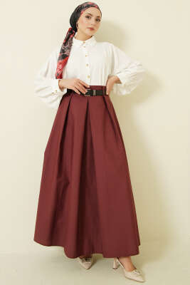 Kemerli Geniş Pileli Poplin Etek Bordo - Etek