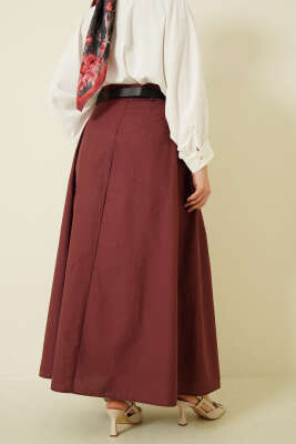 Kemerli Geniş Pileli Poplin Etek Bordo - Etek