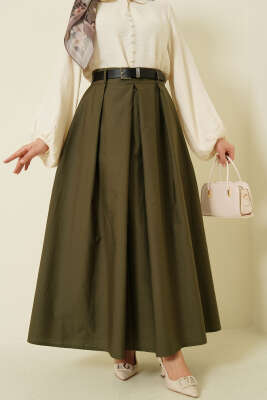 Kemerli Geniş Pileli Poplin Etek Haki - VAV TEKSTİL