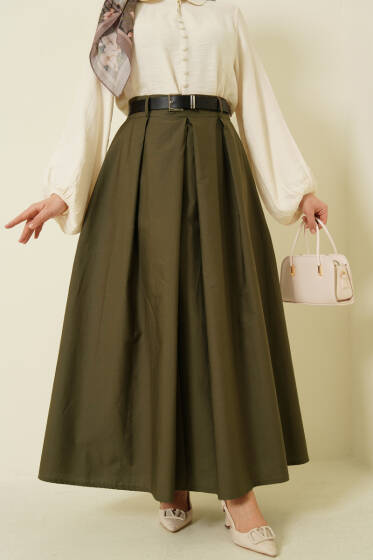 Kemerli Geniş Pileli Poplin Etek Haki - Etek