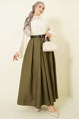 Kemerli Geniş Pileli Poplin Etek Haki - Etek