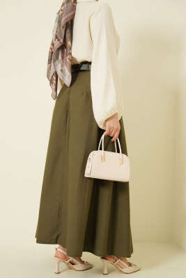 Kemerli Geniş Pileli Poplin Etek Haki - Etek