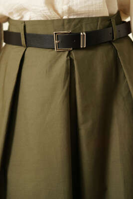 Kemerli Geniş Pileli Poplin Etek Haki - Etek