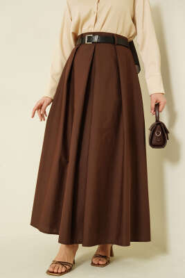 Kemerli Geniş Pileli Poplin Etek Kahve - VAV TEKSTİL