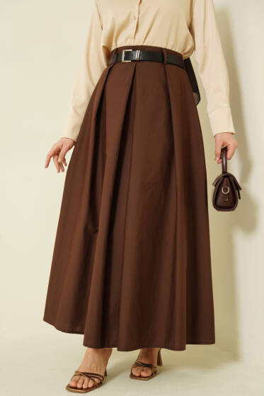 Kemerli Geniş Pileli Poplin Etek Kahve - Etek