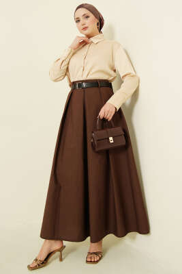 Kemerli Geniş Pileli Poplin Etek Kahve - Etek