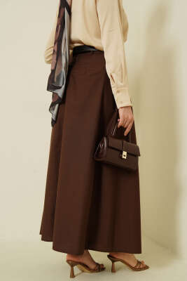 Kemerli Geniş Pileli Poplin Etek Kahve - Etek