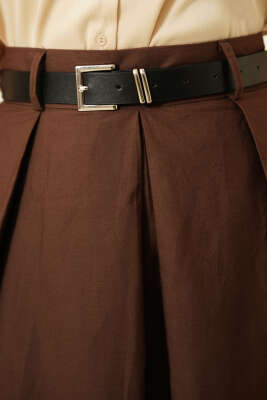 Kemerli Geniş Pileli Poplin Etek Kahve - Etek