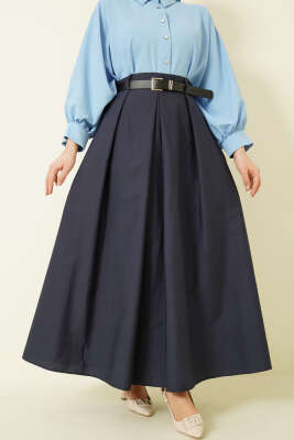 Kemerli Geniş Pileli Poplin Etek Lacivert - VAV TEKSTİL