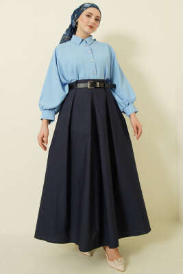 Kemerli Geniş Pileli Poplin Etek Lacivert - Etek