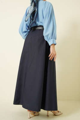 Kemerli Geniş Pileli Poplin Etek Lacivert - Etek