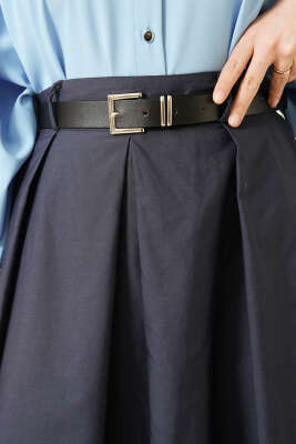 Kemerli Geniş Pileli Poplin Etek Lacivert - Etek