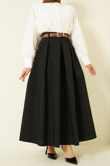 Kemerli Geniş Pileli Poplin Etek Siyah - Etek
