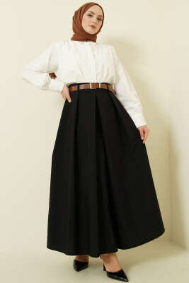 Kemerli Geniş Pileli Poplin Etek Siyah - Etek