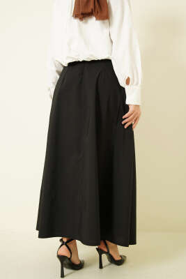 Kemerli Geniş Pileli Poplin Etek Siyah - Etek