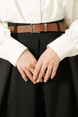 Kemerli Geniş Pileli Poplin Etek Siyah - Etek