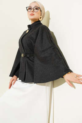 Kemerli Gold Düğmeli Kaşe Panço Antrasit - ESTELLE