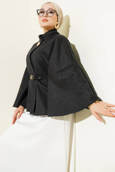 Kemerli Gold Düğmeli Kaşe Panço Antrasit - Panço