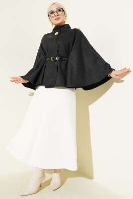 Kemerli Gold Düğmeli Kaşe Panço Antrasit - Panço