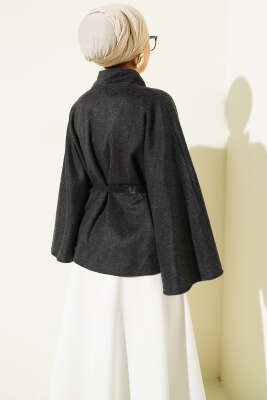 Kemerli Gold Düğmeli Kaşe Panço Antrasit - Panço