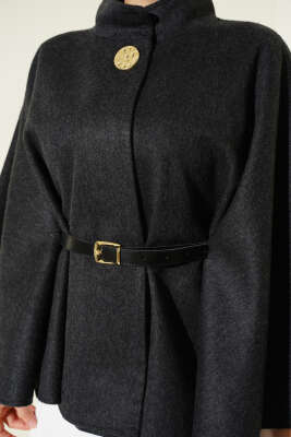 Kemerli Gold Düğmeli Kaşe Panço Antrasit - Panço