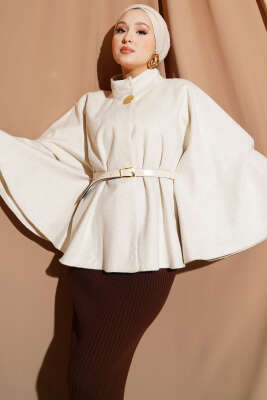 Kemerli Gold Düğmeli Kaşe Panço Bej 