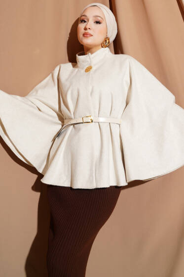 Kemerli Gold Düğmeli Kaşe Panço Bej - Panço