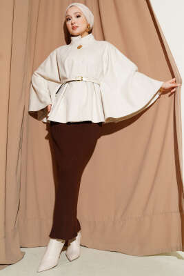 Kemerli Gold Düğmeli Kaşe Panço Bej - Panço