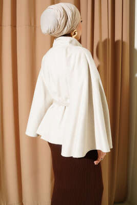 Kemerli Gold Düğmeli Kaşe Panço Bej - Panço