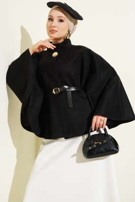 Kemerli Gold Düğmeli Kaşe Panço Siyah - ESTELLE