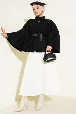 Kemerli Gold Düğmeli Kaşe Panço Siyah - Panço