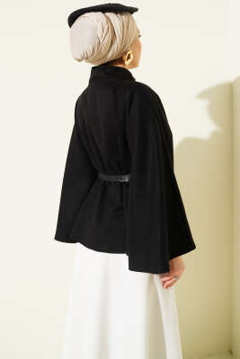 Kemerli Gold Düğmeli Kaşe Panço Siyah - Panço