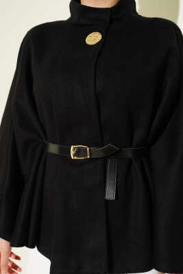 Kemerli Gold Düğmeli Kaşe Panço Siyah - Panço