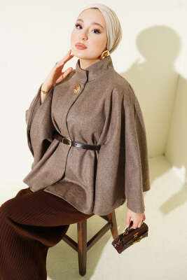 Kemerli Gold Düğmeli Kaşe Panço Vizon - ESTELLE