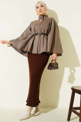 Kemerli Gold Düğmeli Kaşe Panço Vizon - Panço