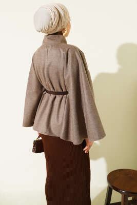 Kemerli Gold Düğmeli Kaşe Panço Vizon - Panço