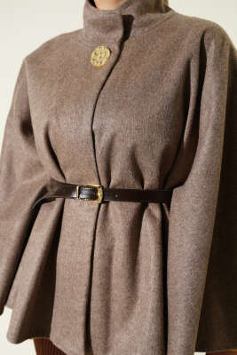 Kemerli Gold Düğmeli Kaşe Panço Vizon - Panço