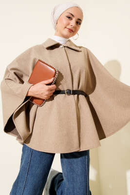 Kemerli Gömlek Yaka Kaşe Panço Bej - FİXAY