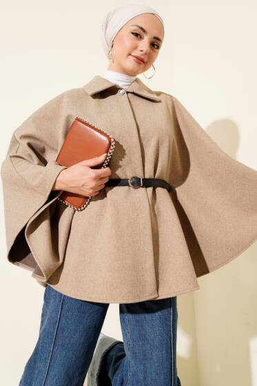 Kemerli Gömlek Yaka Kaşe Panço Bej - Panço