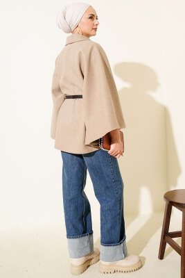 Kemerli Gömlek Yaka Kaşe Panço Bej - Panço