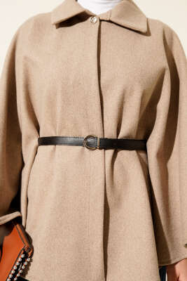 Kemerli Gömlek Yaka Kaşe Panço Bej - Panço