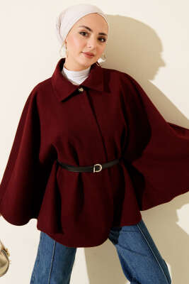 Kemerli Gömlek Yaka Kaşe Panço Bordo - FİXAY