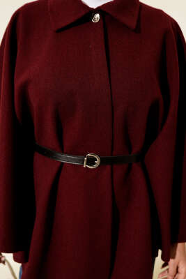 Kemerli Gömlek Yaka Kaşe Panço Bordo - Panço