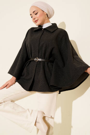 Kemerli Gömlek Yaka Kaşe Panço Füme - Panço