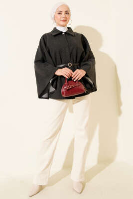 Kemerli Gömlek Yaka Kaşe Panço Füme - Panço