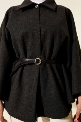 Kemerli Gömlek Yaka Kaşe Panço Füme - Panço