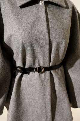 Kemerli Gömlek Yaka Kaşe Panço Gri - Panço