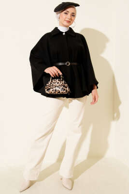 Kemerli Gömlek Yaka Kaşe Panço Siyah - Panço