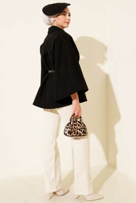 Kemerli Gömlek Yaka Kaşe Panço Siyah - Panço