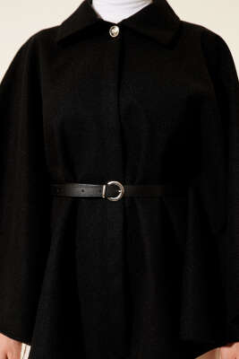 Kemerli Gömlek Yaka Kaşe Panço Siyah - Panço